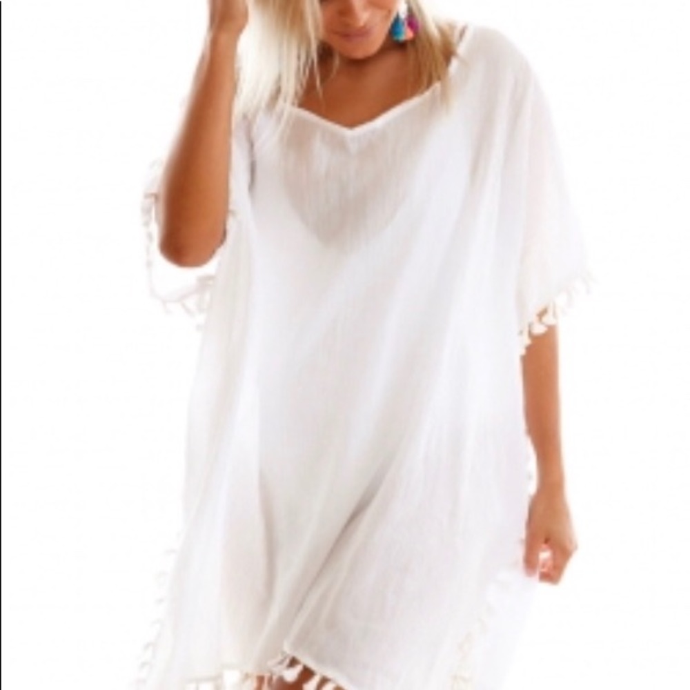 🏖WHITE POM POM GAUZE COVER UP